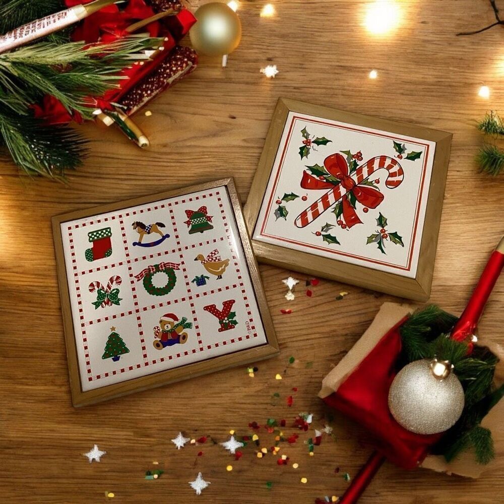 Vintage Ceramic and Wood Christmas Trivets
